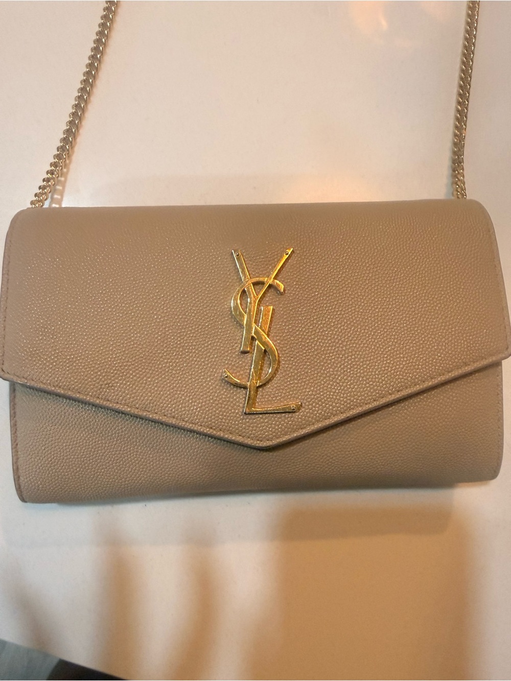 Saint Laurent Envelope Chain Wallet in Taupe